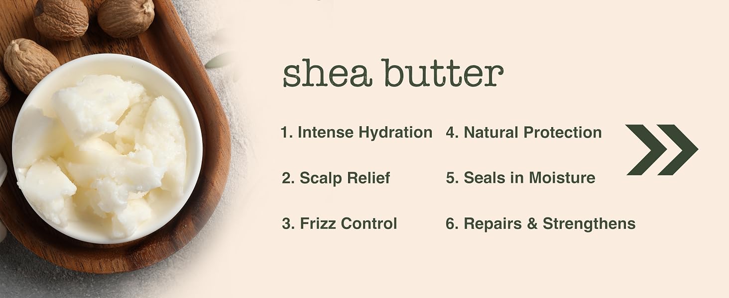 Shea butter benefits for hair, intense hydration, scalp relief, frizz control, natural protection