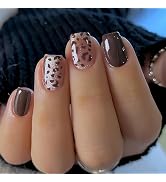 MISUD Press on Nails - Short Square Fake Nails with Fall Brown Cheetah, Acrylic Bling Glitter Des...