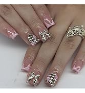 Short Press on Nails Square Fake Nails with 3D Bow Flower Rhinestones Designs Pink French Tip Nai...