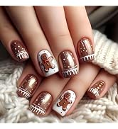 Christmas Press on Nails Medium Square Fake Nails with Designs Gingerbread Man Stick on Nail Brow...