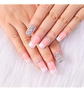 Artquee 24pcs Press on Nails French Pink White Edge Medium Long Square 3D Rhinestones Luxury Glos...