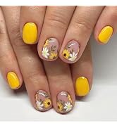 Press on Nails Short Square Fake Nails Yellow Nails Press ons Glossy Glue on Nails Summer Acrylic...