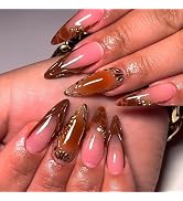 MISUD Press on Nails - Long Stiletto Glue on Nails with Fall Brown, Acrylic Gold Chrome Design 24...