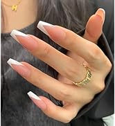 Artquee V French Tip Press on Nails Long Pink White Coffin Fake Nails Tips Glossy Full Cover Acry...