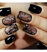 Black Press On Nails - Short Square Fake Nails With Butterfly Design, Glossy Acrylic Finish, Rhin...