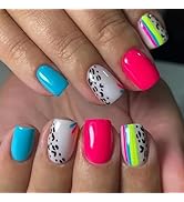 Press On Nails - Short Square False Nails, Blue & Pink, Leopard Print, Glossy, Full Cover, 24 Pcs