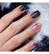 Black Press on Nails Short Square Fake Nails with Designs Snowflake Stick on Nail Christmas Acryl...