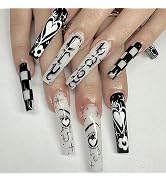 24Pcs Black White Coffin Press on Nails Long Fake Nails Reusable False Nails with Grids Eye Desig...