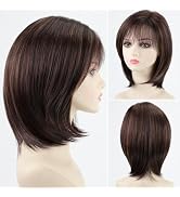 RENERSHOW Layered Brunette Bob Wig with Bangs for White Women Short Mixed Brown Highlight Bob Wig...