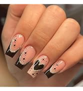 Black French Tip Press on Nails Medium Coffin Fake Nails with Black Heart Star Design Glue on Nai...