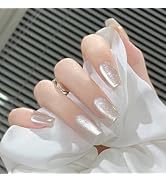White Press on Nails Short Square Fake Nails Glitter False Nails Press Ons Full Cover Glossy Acry...