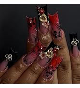 MISUD Press on Nails - Long Square Fake Nails with Black French Tip, Acrylic Luxury Charms Design...
