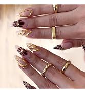 Brown Flower Press on Nails Leopard Fake Nails Medium Almond False Nails with Gold Design Nude Gl...