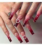 Valentine’s Day Press on Nails Long Fake Nails Coffin Burgundy Gradient Acrylic Nails Press ons V...
