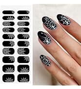JMEOWIO Semi Cured Gel Nail Strips Halloween Black Gel Nail Stickers Nails Art Design Decoration ...