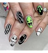 Halloween Press on Nails Short Almond Shaped Press on Nails with Bat Skull Spider Web Designs Pre...