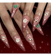 MISUD Press on Nails - Long Stiletto Fake Nails with Bling Red Glitter, Acrylic French Tip Design...