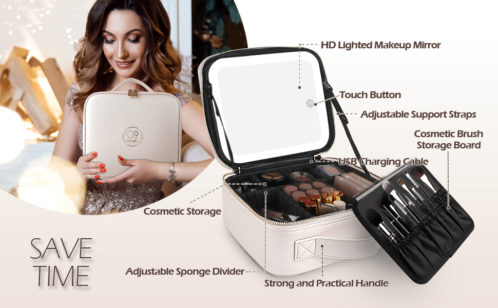 Makeup Train Case with Mirror and Light 3 Color Adjust Brightness,Makeup Bag