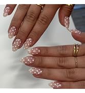 IMSOHOT Press on Nails Medium Almond Fake Nails Nude White Gel Glossy False Nails with Polka Dot ...