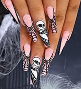 Morily 24Pcs Pink Press on Nails Halloween Skeleton Fake Nails Long Coffin V Shape Matte Stick on...
