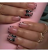 24 Pcs French Pink Press on Nails Short Square 3D Bow Texture Design - YIHONGYAN Spring Acrylic N...