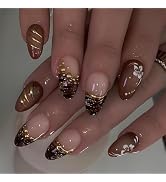 MISUD Press on Nails - Short Almond Fake Nails with Fall Brown, Acrylic Gold Chrome Design 24 pcs
