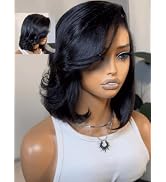 UNICE 12 inches Short Bob Wig human Hair with Blow Out Bangs 4X4 Lace Glueless Wigs Human Hair Pr...