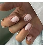 MISUD Press on Nails - Short Square Fake Nails with Polka Dot, Acrylic Nude Design 24 pcs