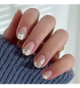 Short Press on Nails Square Fake Nails with Flower Leaf Design Glue on Nails Summer False Nails G...
