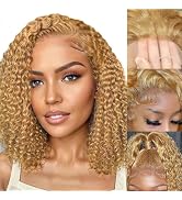 MUGOHK Honey Blonde Curly Wig Human Hair 13x4 Blonde Deep Wave HD Lace Front Wigs Pre Plucked wit...