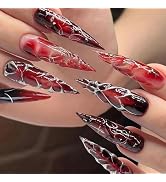 MISUD Press on Nails - Long Stiletto Glue on Nails with Goth Red Black, Acrylic Silver Chrome Des...