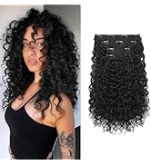 FLUFYMOOZ 4PC Clip in Hair Extensions, 14 Inch 100％ Pure Protein Silk Short Hairpiece Deep Curly ...
