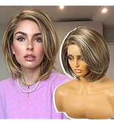 KOME Brown mix Blonde Synthetic Lace Front Wig,Side Part Short Layered Straight Glueless Bob Wig ...