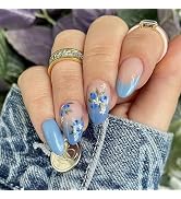 Press on Nails Short Almond Fake Nails Blue French Tip Nails Press ons Spring Glue on Nails Nude ...
