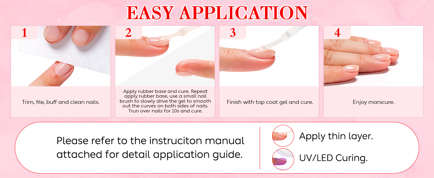 Four-step nail application instruction guide showing fingernail preparation and product application process, with UV/LED curing mentioned.
