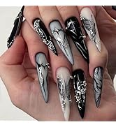 MISUD Press on Nails Long Stiletto Fake Nails Glossy Glue on Nails Almond Acrylic Nails Goth Blac...