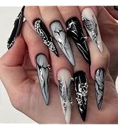 MISUD Press on Nails Long Stiletto Fake Nails Glossy Glue on Nails Almond Acrylic Nails Goth Blac...