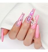 Artquee 24pcs Pink Coffin Press on Nails Long Fake Nail with Designs Luxury 3D Flower with Rhines...