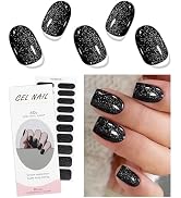 JMEOWIO Gel Nail Stickers Black Glitter Halloween Semi Cured Gel Nail Strips Wraps UV/LED Nails A...