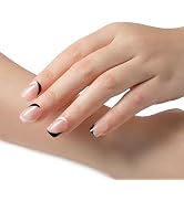 French Press On Nails Short Square, Classic Black and White French Tips Design, Glossy Gel Finish...