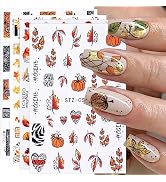 JMEOWIO 9 Sheets Fall Nail Art Stickers Decals Self-Adhesive Autumn Pumpkin Maple Leaf Nail Suppl...