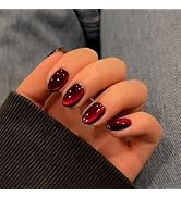 KQueenest Cat Eye Press on Nails Short Oval, 30 Pcs Dark Red Fake Nails Short Round Round, Glitte...