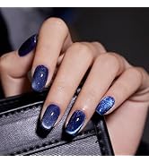Blue Glitter Press on Nails Short Square Fake Nails False Nails with Design Glossy Acrylic Glue o...