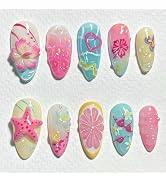 30 Pcs Handmade Press on Nails Short Almond Nail Tips,YEFIUO Summer Fake Nails Press ons Glue on ...