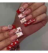 Valentine's Day Fake Nails Red French Tip Press on Nails Long Valentines Heart Strawberry Bow Pin...