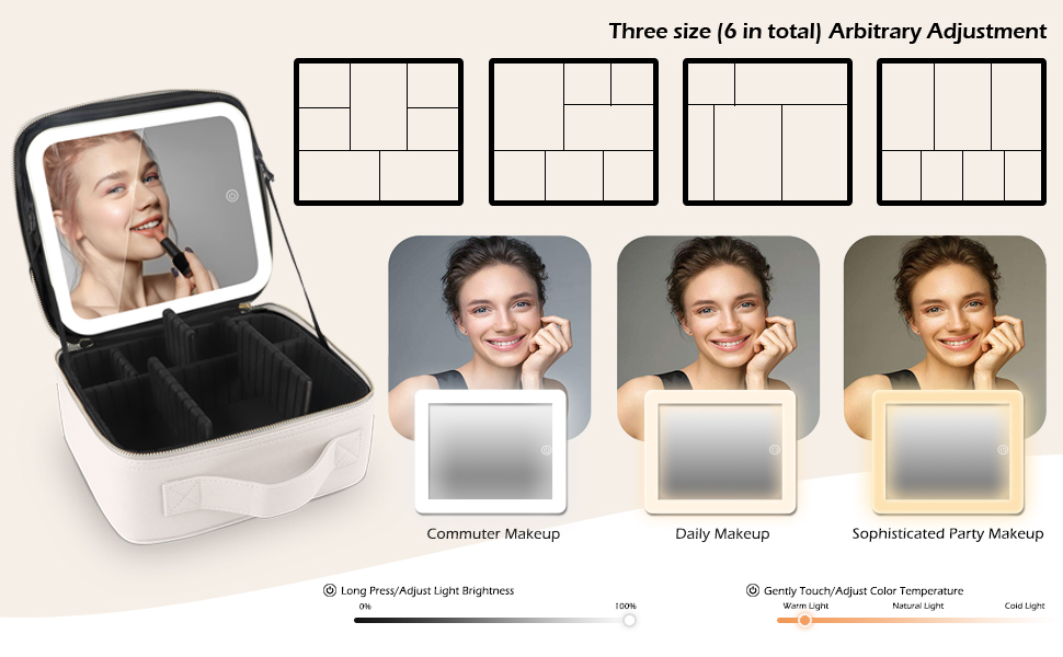 Makeup Case with Lighted Mirror 3 Color Setting, Travel Cosmetic Train Case Organizer