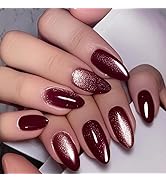 24 Pcs Burgundy Press on Nails Medium Almond Fake Nails Wine Red Solid Sparkling Acrylic Nails Wi...