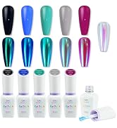 CHARMACY 6 Colors Nail Gel Polish Set, Aurora Liquid Chrome Nail Powder Magic Chameleon Mirror Ef...