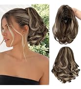 KooKaStyle Ponytail Extension, Short Curly Wavy Synthetic Drawstring Ponytail Hair, Claw Clip In ...