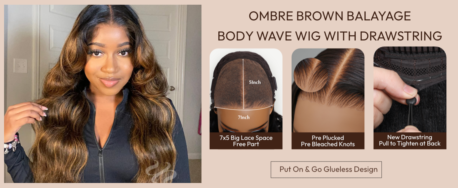 unice wear go ombre brown balayage body wave pre cut hd lace front wig with drawstring glueless wigs